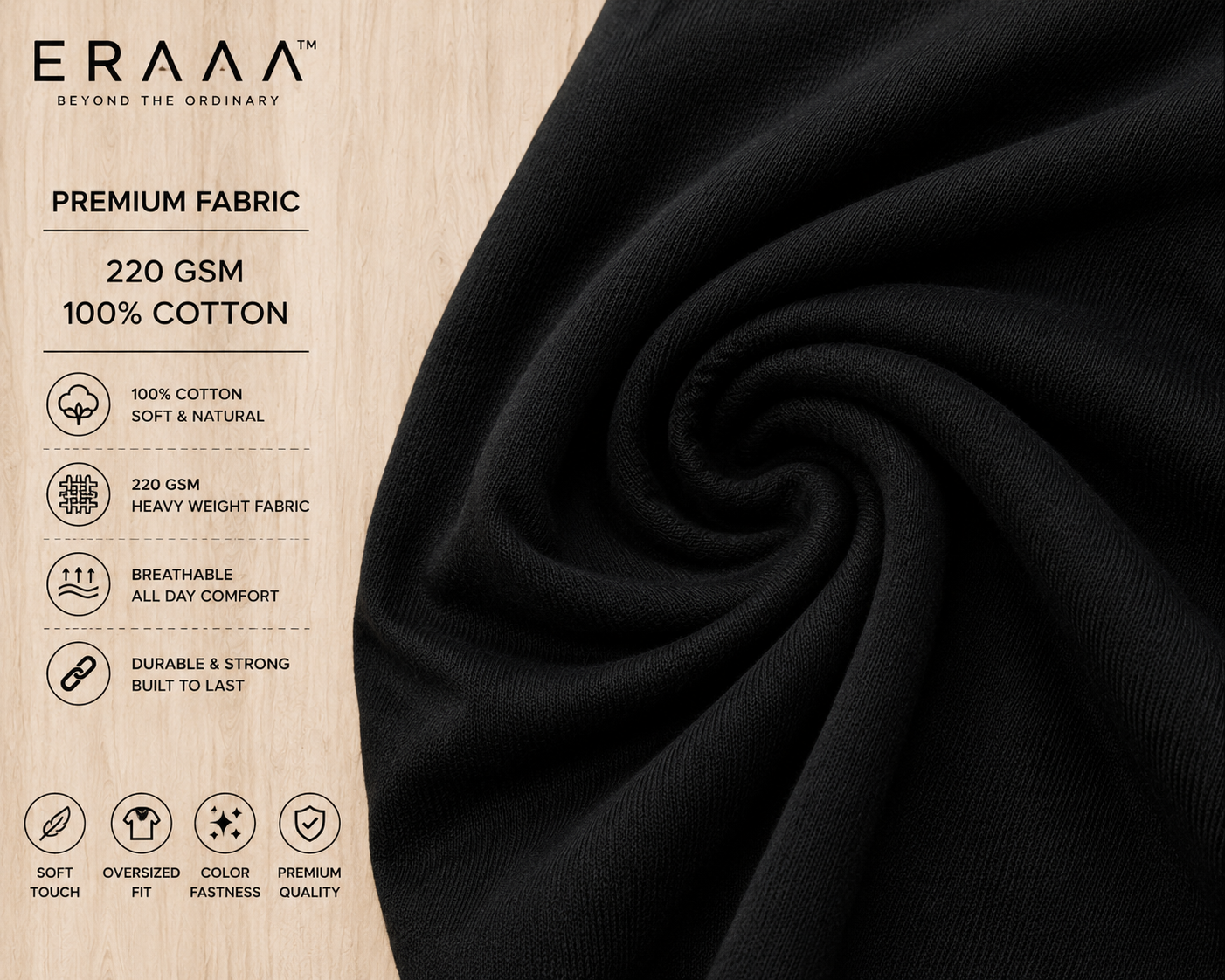 ERAAA Men's Oversized Solid Black T-Shirt | 220 GSM Pure Cotton