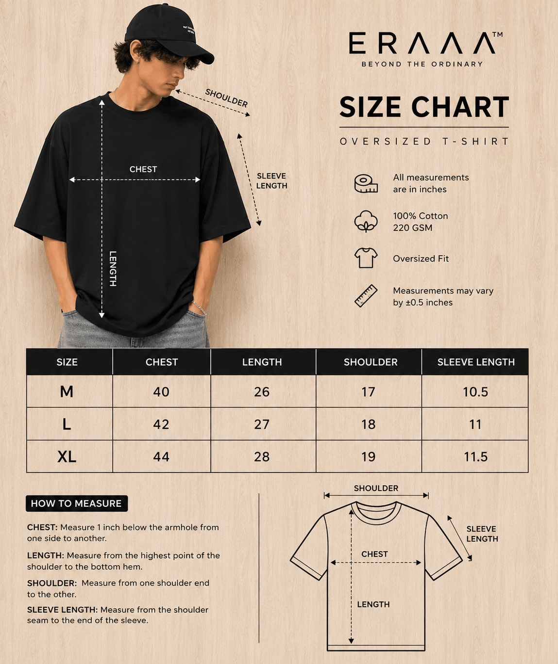 ERAAA Men's Oversized Solid Black T-Shirt | 220 GSM Pure Cotton