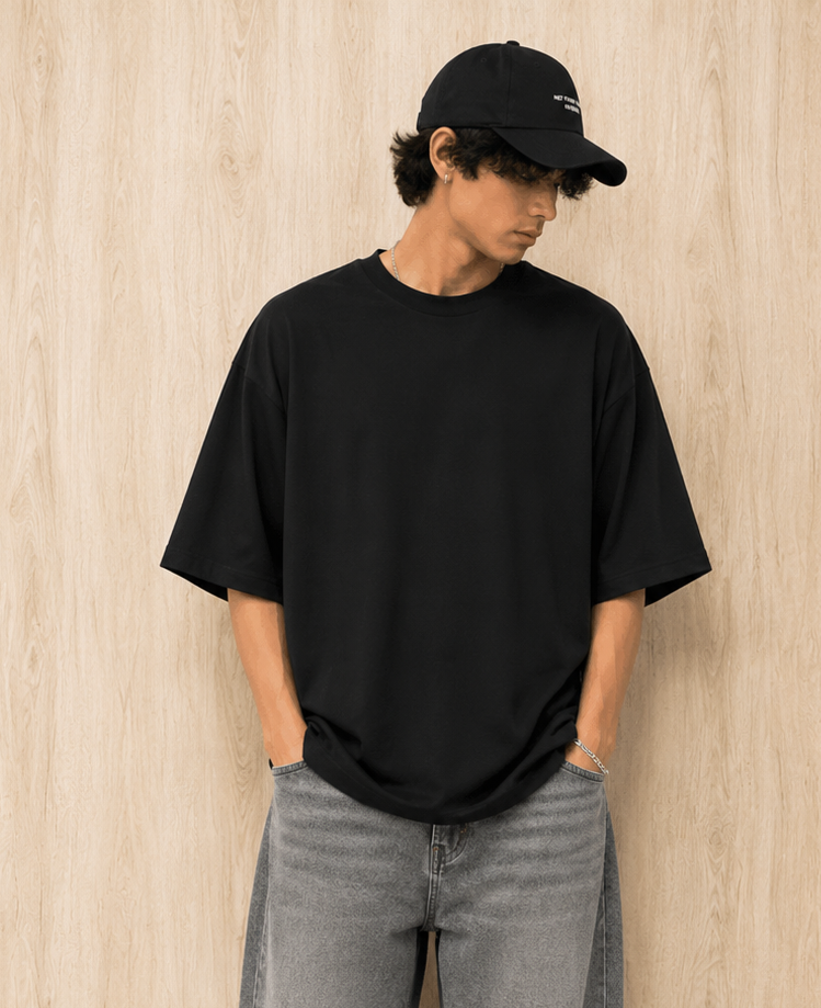 ERAAA Men's Oversized Solid Black T-Shirt | 220 GSM Pure Cotton